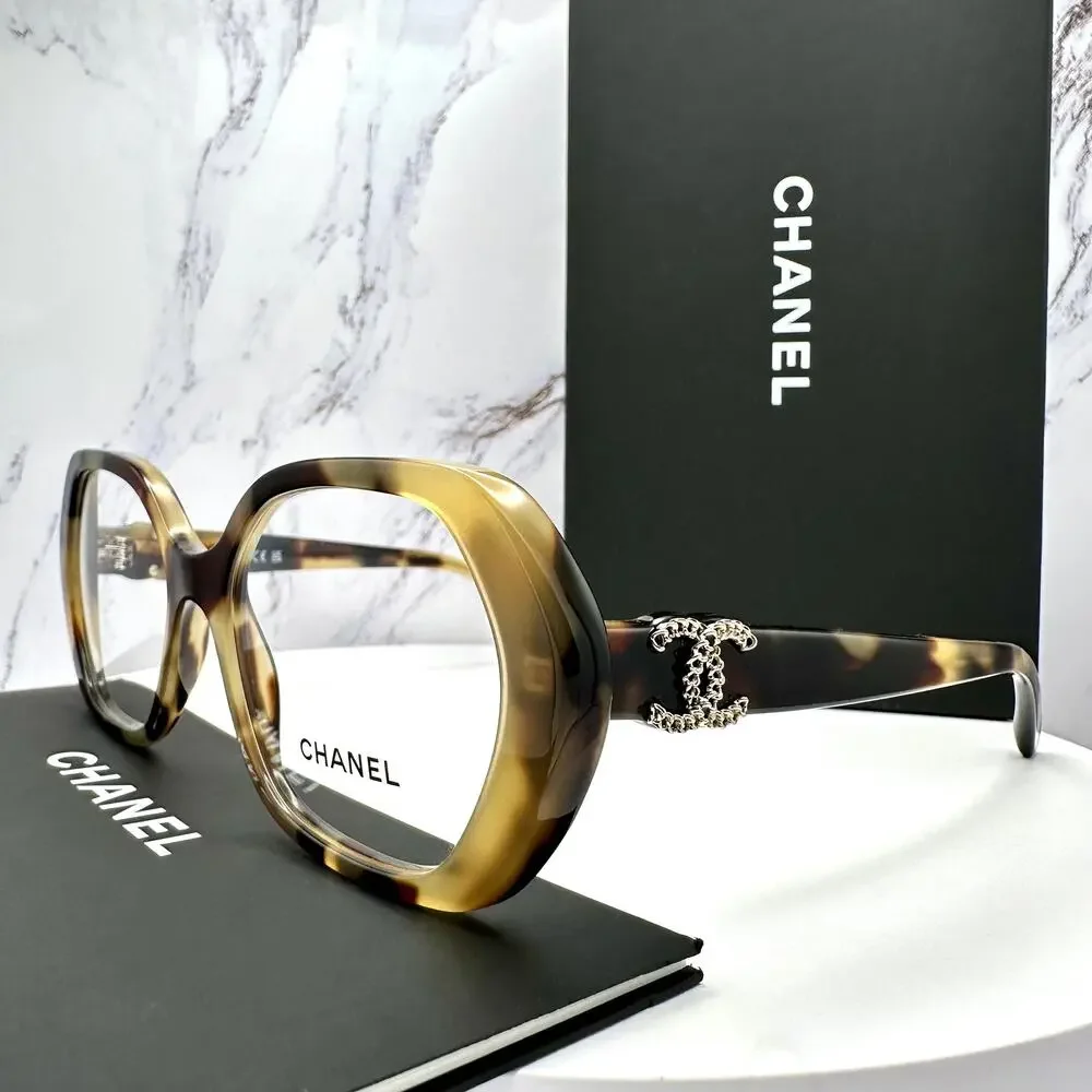 New CHANEL Eyeglasses Brown Gold Chain CC Square Acetate Womens - Picture 11 of 16